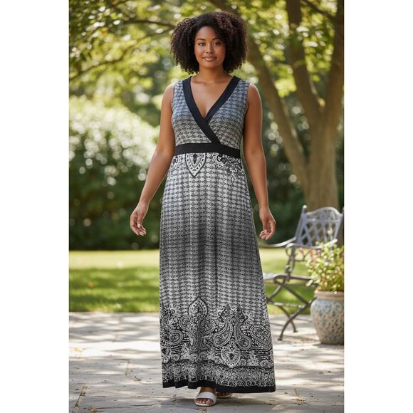 NY Collection Woman Black Grey Sleeveless Empire-Waist Maxi Dress Plus Size 2X - Picture 1 of 12